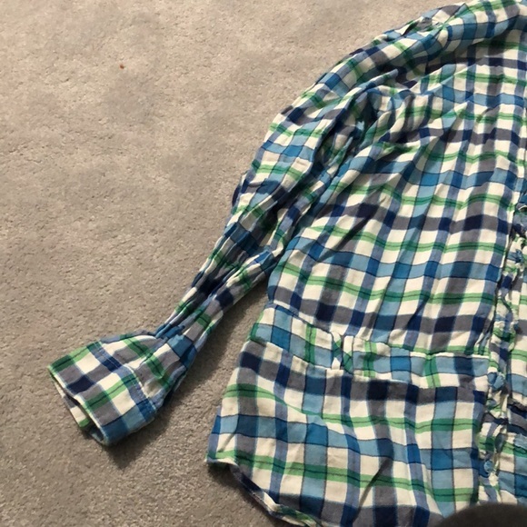 Button down light flannel shirt. blue and green and white! ruffle on but… - Picture 3 of 7